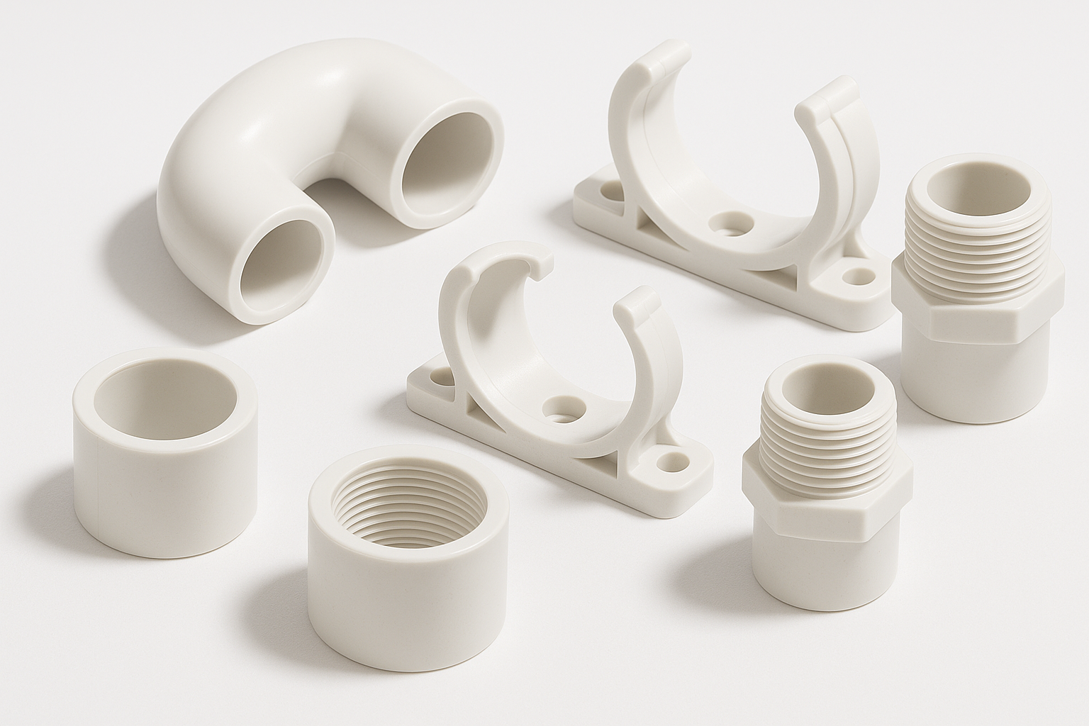 A picture of PVC loopins, Saddles, threaded coupling, male adapters